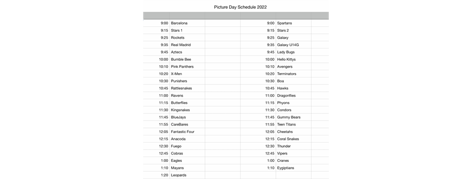 Picture day Schedule 2022